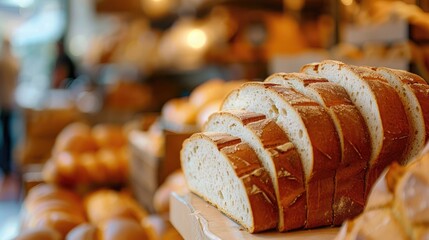 Wall Mural - Close-up of a loaf of sliced bread with a blurred background of a bakery setting