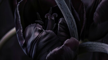 Black tulip, macro shot, velvety dark petals, soft moonlight, sharp details, mysterious backdrop.