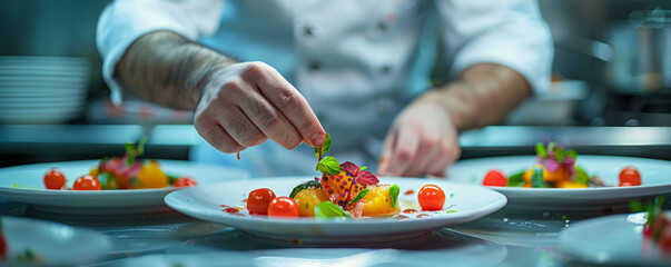 A chef meticulously plating a gourmet dish in a high-end restaurant, each element placed with precision.