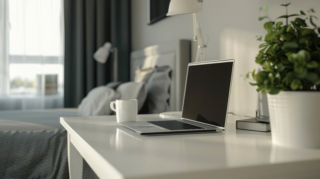 Close-up of a white desk with a laptop and coffee cup, showcasing a workspace in a hotel room