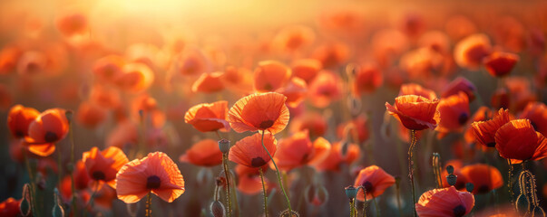 A vibrant field of poppies in full bloom, their brilliant red petals glowing in the warm sunlight.