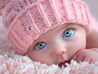 Wall Mural - A baby wearing a pink hat and blue eyes