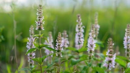 Poster - Macro shot of marsh mint flowers blooming in a marshland, with soft focus on the surrounding greenery