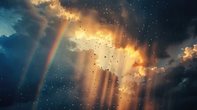 Sunlight breaking through stormy clouds, illuminating raindrops and creating a rainbow in the sky