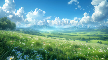 Wall Mural - Beautiful grassland, endless meadows with white flowers and blue sky, green mountains in the distance