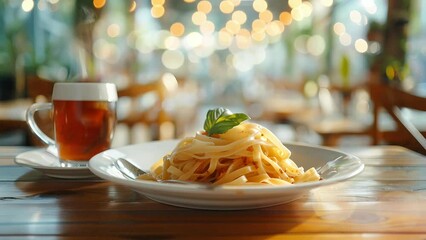 Wall Mural - delicious linguini in a plate with a cup of tea, Seamless Animation Video Background in 4K Resolution	