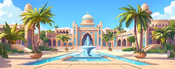 Wall Mural - desert oasis palace surrounded by palm trees and blue sky, featuring a blue fountain and white dome, with a brown pot adding a touch of warmth to the scene