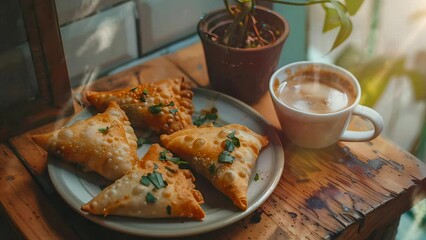 Wall Mural - delicious samosa in a plate with cup of tea, Seamless Animation Video Background in 4K Resolution	