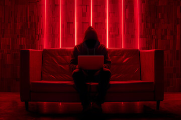 Wall Mural - Fashionable anonymous hacker typing computer laptop. Cybercrime, cyberattack, dark web concept.