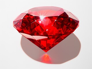 A large ruby, vivid in rich red color, showcased against a stark white background, emphasizing its clarity and intricate facets that catch and reflect the light