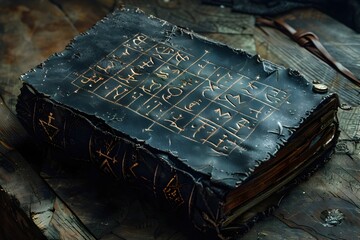 Haunting Occult Manuscript with Cryptic Runic Markings and Glyphs in Aged Leather Binding