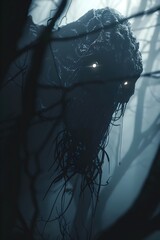 Poster - Haunting Depiction of a Sinister,Many-Eyed Demonic Entity in a Fog-Enshrouded Forest