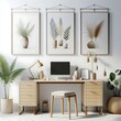 © Hale - A desk with A chair and poster mockup with poster empty white in work working home style interior set design and plants on the wall informative Vibrant engaging.