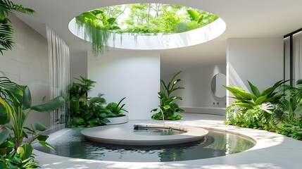 A modern white interior garden with plants and a water fountain, greenery around the circular pool in front, surrounded by plants, white walls, and a large skylight above.