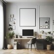 © Ben - A computer on a desk with poster empty white in working home office in A room style interior set design with plants unique.