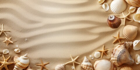 Wall Mural - The arrangement displays sand, seashells, and starfish across the beach.