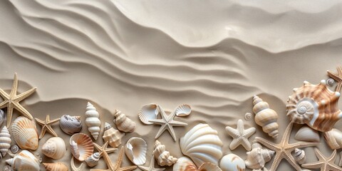 Wall Mural - The scene depicts a beach with waves on sand, and various seashells scattered.