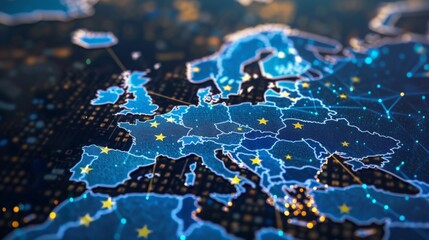 Wall Mural - Digital map of Western Europe, concept of European Union network and connectivity, data transfer and cyber tech, business and information exchange and telecommunication