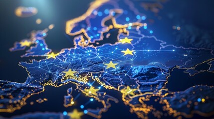 Wall Mural - Digital map of Western Europe, concept of European Union network and connectivity, data transfer and cyber tech, business and information exchange and telecommunication