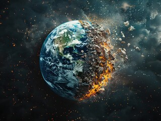 Dramatic Digital Art of Earth Exploding in Space with Fiery Debris and Cosmic Background
