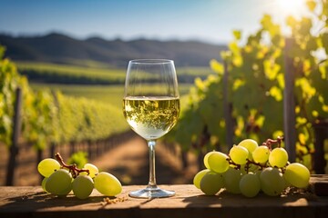 Photograph a glass of chilled white wine held up against a sunlit vineyard generated by ai