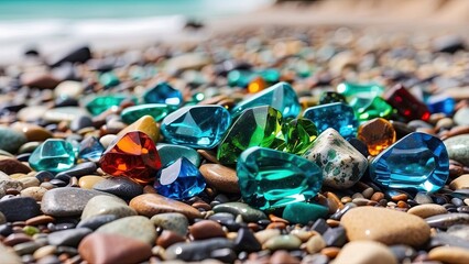 Wall Mural - Colorful gemstones on a beach. Green, blue shiny glass with multi-colored sea pebbles