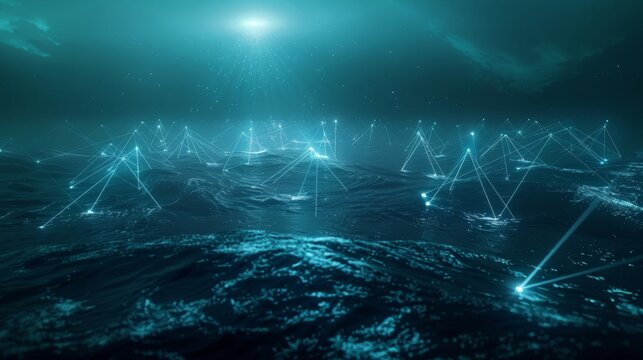 An underwater communication network with light beams connecting data stations in a glowing ocean. This shows advanced technology and the connections beneath the water.