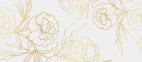 Poster - Luxury gold carnation flowers background. Floral pattern tropical in line art style for greeting, invitation, wedding card, wall art, wallpaper and print. Vector illustration