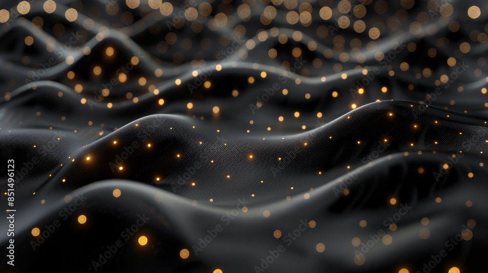 3d abstract black waves with glowing golden light and particles. Modern ...