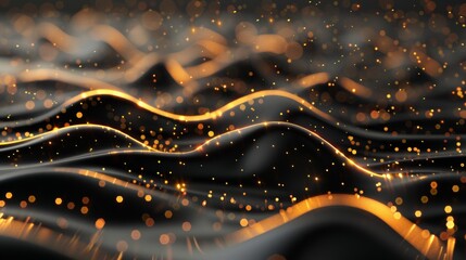3d abstract black waves with glowing golden light and particles. Modern artistic texture for shiny liquid and  beautiful pattern  background. Luxurious card, banner.