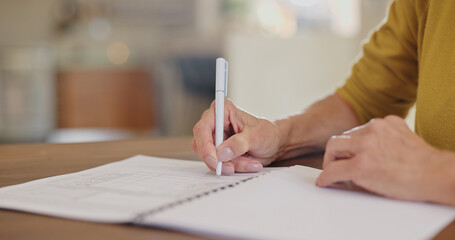 Poster - Senior woman, hands and writing on paperwork, form or application for retirement plan or insurance at home. Closeup of elderly female person signing documents, document or agreement on table at house