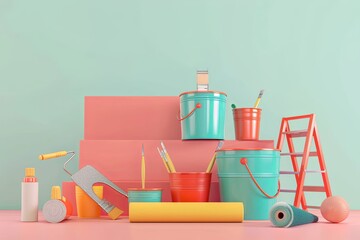 Wall Mural - A 3D illustration of various painting tools, including paint rollers, brushes, buckets, and a folding ladder. The image depicts a dynamic composition on a light background. Generative AI