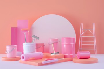 Poster - 3D illustration of a professional painting set on a pink background. Buckets, paint rollers, brushes, and a folding ladder are arranged in a dynamic composition. Generative AI