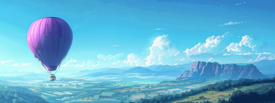 A whimsical purple hot air balloon drifting lazily across a clear blue sky, offering a bird's-eye view of the landscape below.