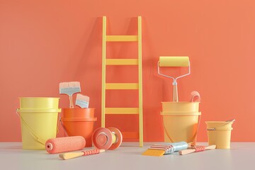 Wall Mural - A still life image showcasing painting tools and supplies arranged against an orange wall. Generative AI