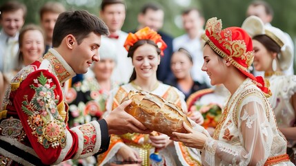 In a Russian wedding, the couple shares bread and salt, as guests in traditional attire enjoy music and dance.