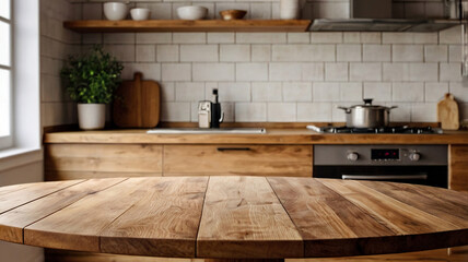 Wooden table top on blurred kitchen background, Empty kitchen table for display or menu design