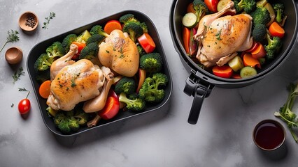 Wall Mural - Tasty cooked chicken and veggies on a flat, text-space-allowed grey marble table. Air fryer dishes that are healthful, Delicious cooked chicken and vegetables on grey marble table, flat lay with space