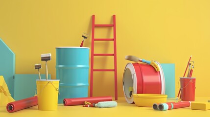 Poster - 3D rendering of colorful painting supplies, including rollers, brushes, buckets, and a ladder, against a yellow background. Generative AI