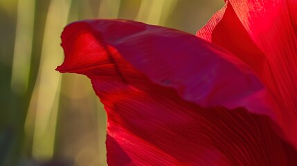 Poppy petal, close-up, vibrant red, natural daylight, high detail, blurred field background. 