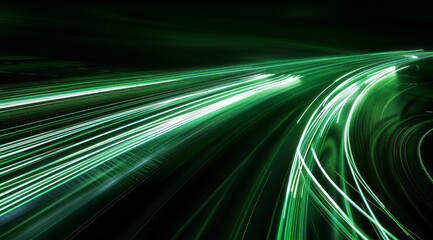 Long exposure photo of green light trails on a highway, taken with a slow shutter speed and using neon lighting to create an abstract pattern in motion