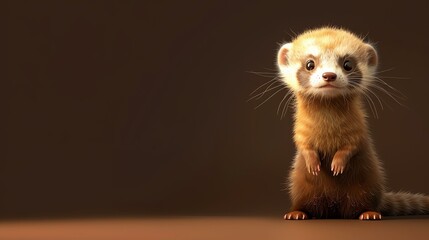 Wall Mural - A cute and cuddly ferret is standing on its hind legs, looking up at the camera with its big, round eyes.