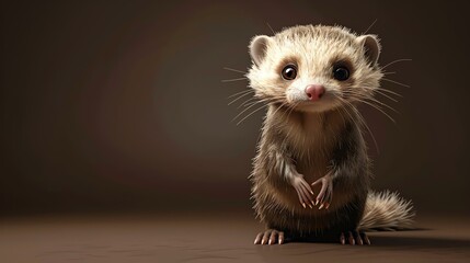 Wall Mural - A cute and cuddly ferret with big eyes and a long tail is sitting on a brown background.