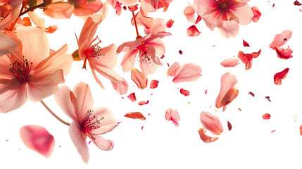 Petal flowers flying in the air in spring season isolated on white background PNG