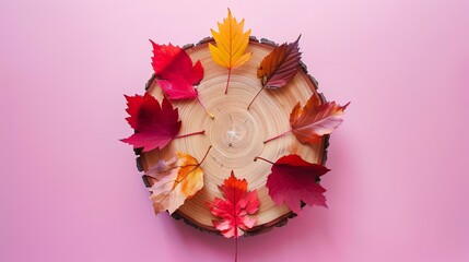 Canvas Print - An image of a wooden stump with a variety of colorful autumn leaves arranged around it on a pink background.