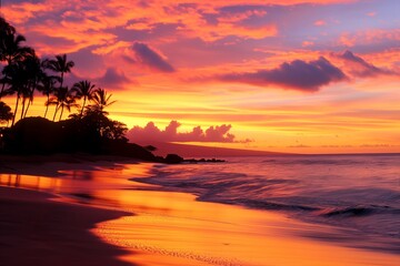 Sticker - A serene and tranquil sunset view over a tropical beach, featuring palm trees and calm ocean waters, with hues of orange and blue filling the sky.