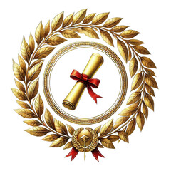 gold laurel wreath with a diploma in the center.