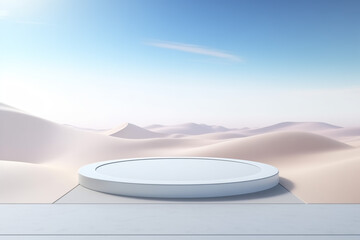 Wall Mural - Empty podium, stage for product presentation. Advertising mockup with copy space, 3d rendering. Futuristic desert with white sand.