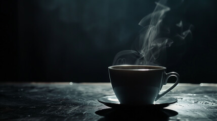 A black coffee cup with steam coming out of it. The image has a mood of relaxation and warmth