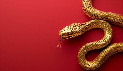 Wall Mural - Golden snake isolated on red background. New year 2025 concept.